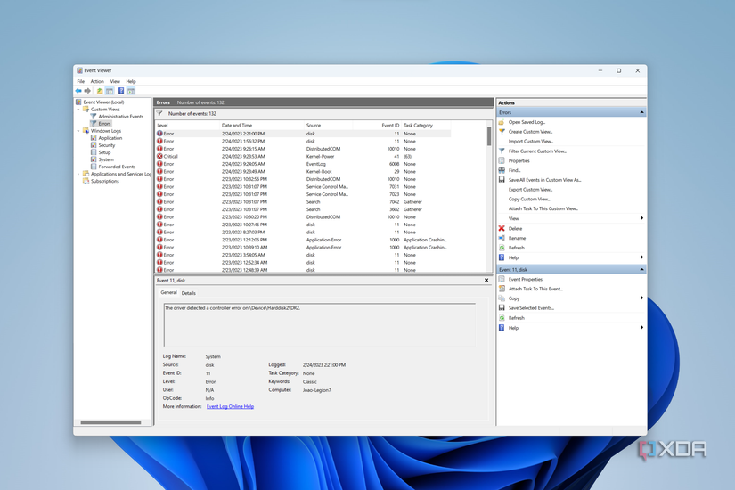 Screenshot of the Event Viewer over the Windows 11 desktop