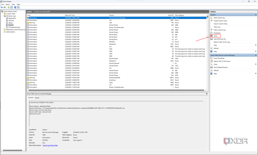 Screenshot of the System log in Event Viewer with the Find option highlighted