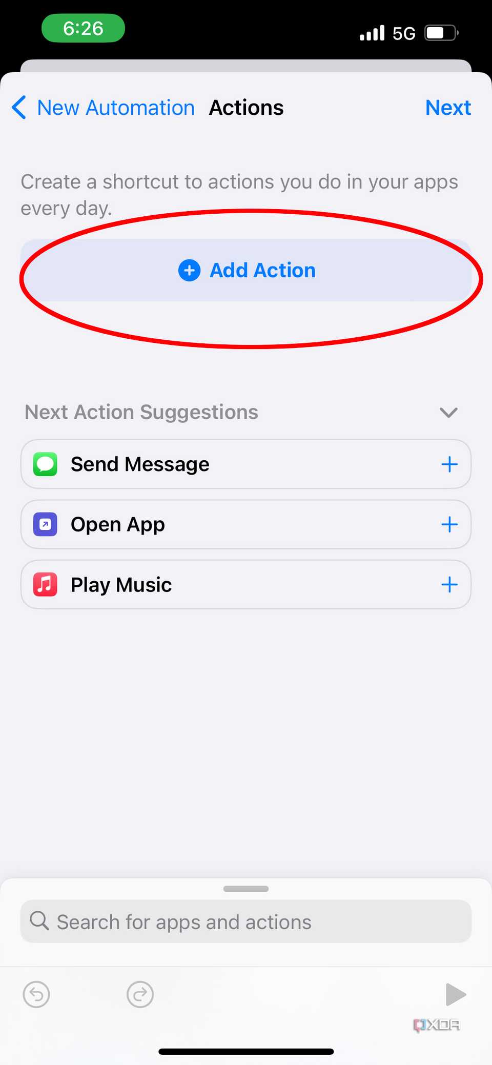 add action button in a new automation's shortcut
