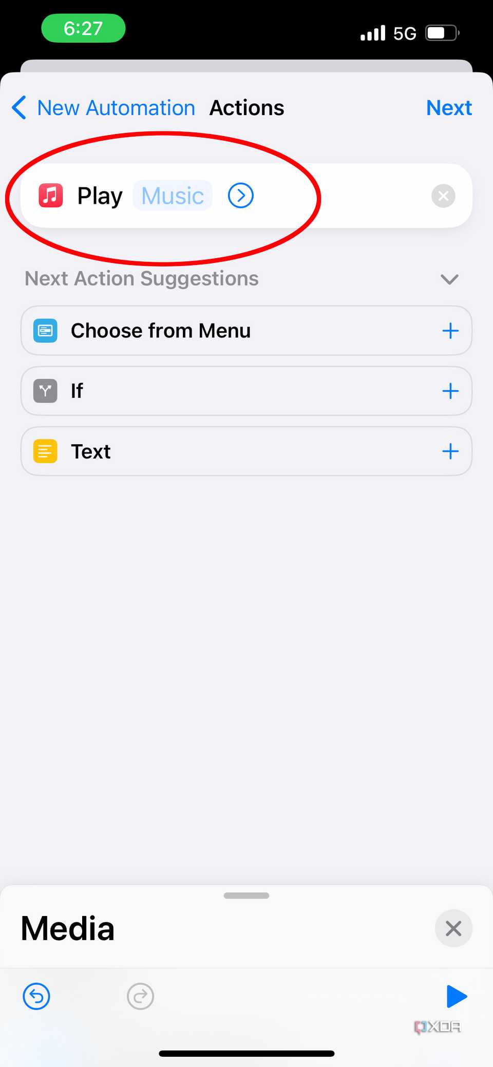 play music action in the new automaton's shortcut