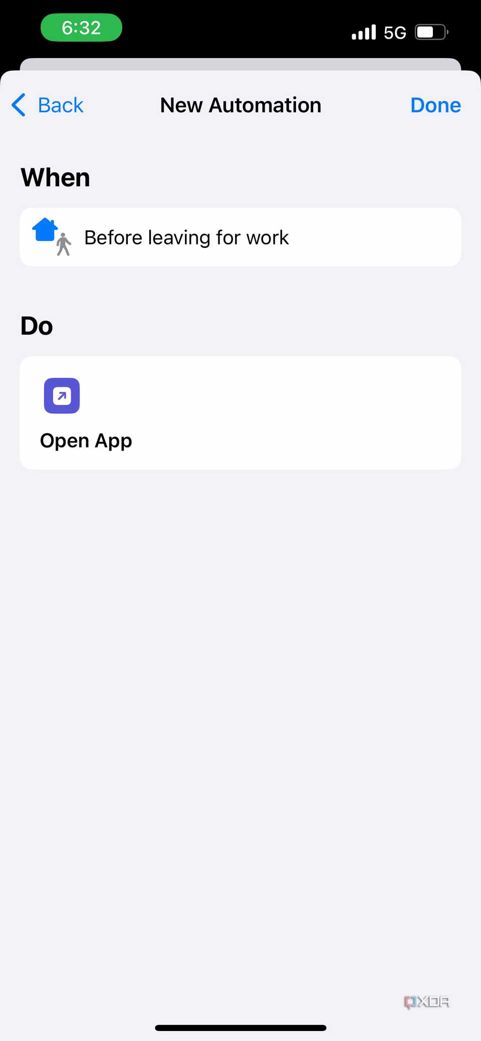 choosing open app action for the automation