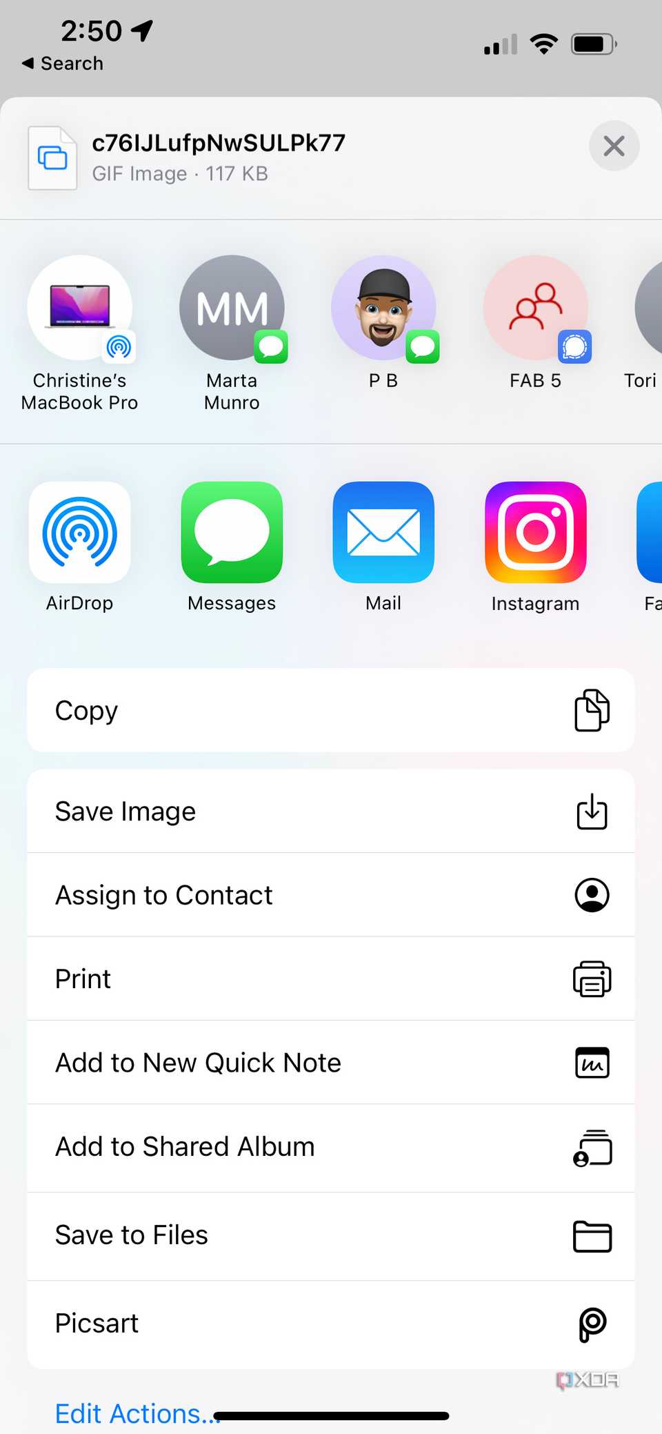 the iPhone share sheet pops up to share a selected gif
