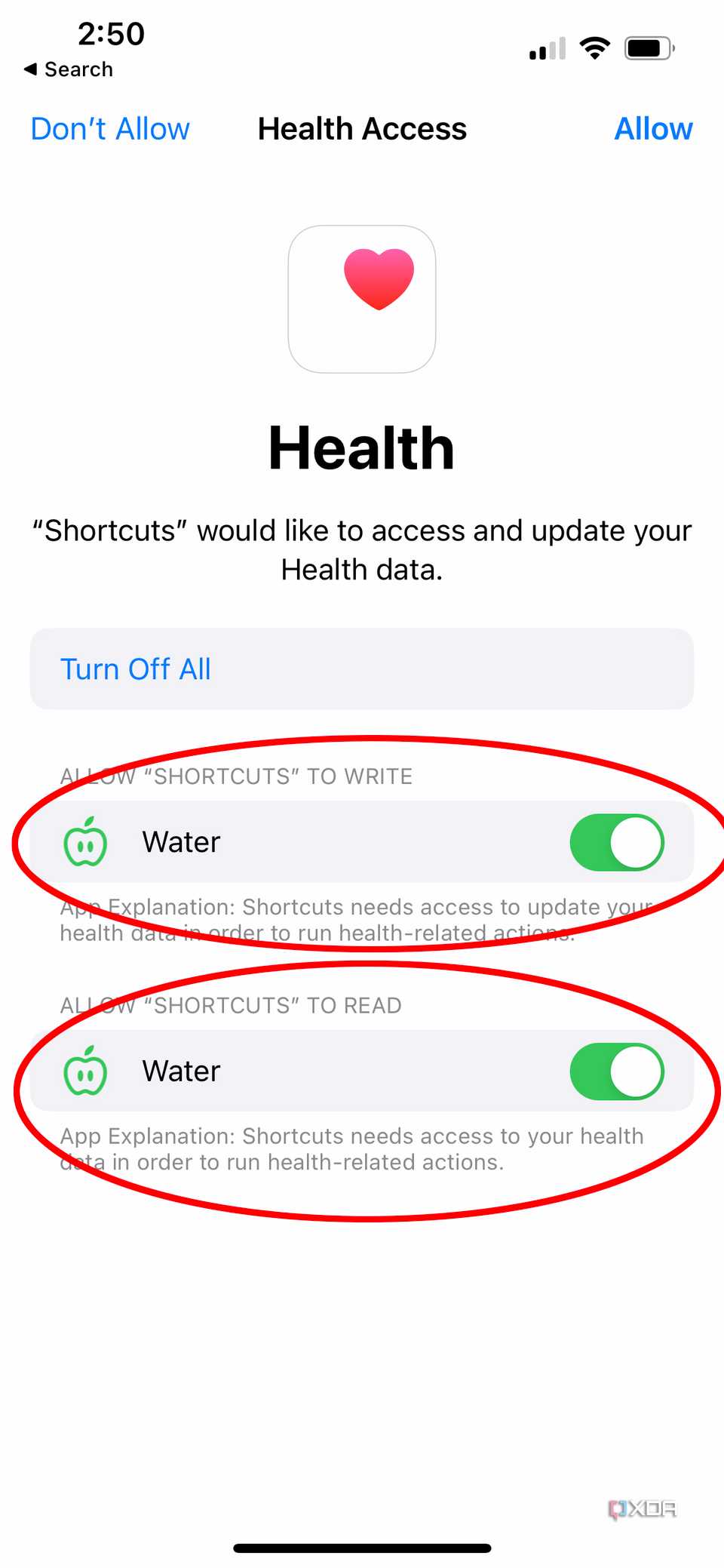 water toggles on the health access screen