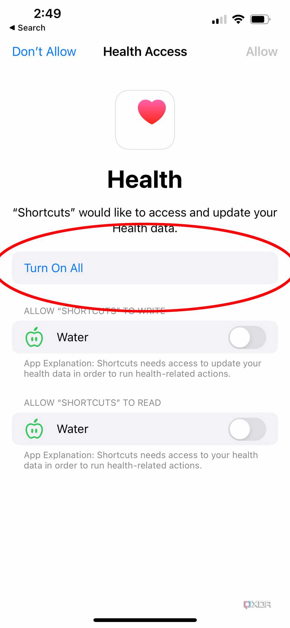 turn on all button to access health data