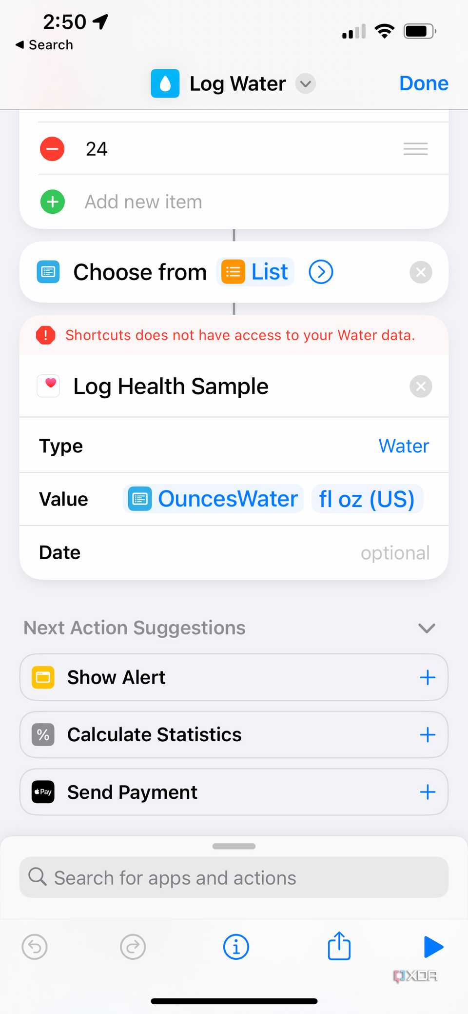 water log successful after granting health permission