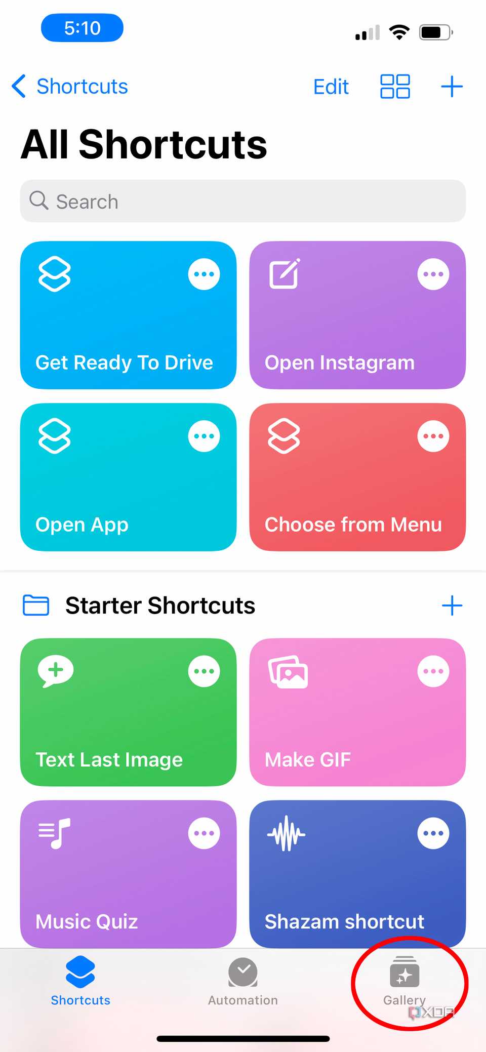 gallery tab in shortcuts app