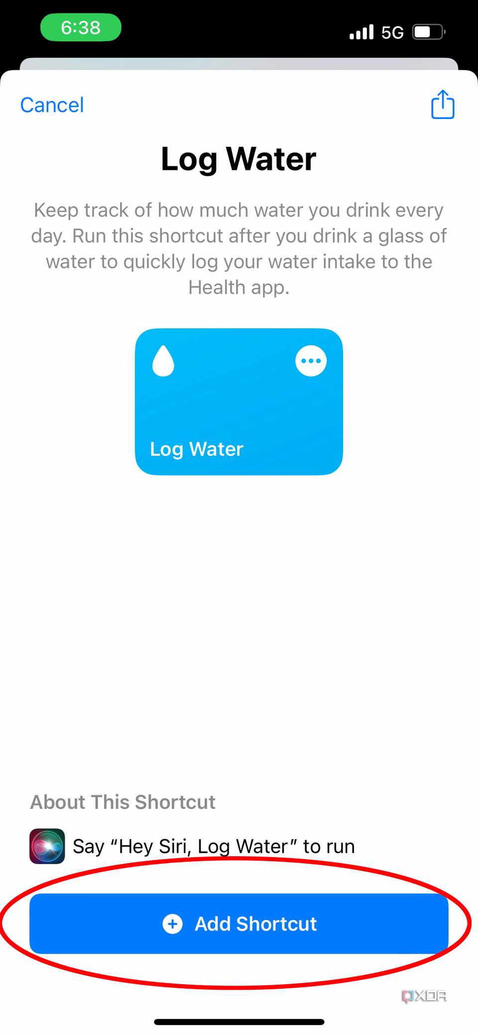 add shortcut button for the log water shortcut 
