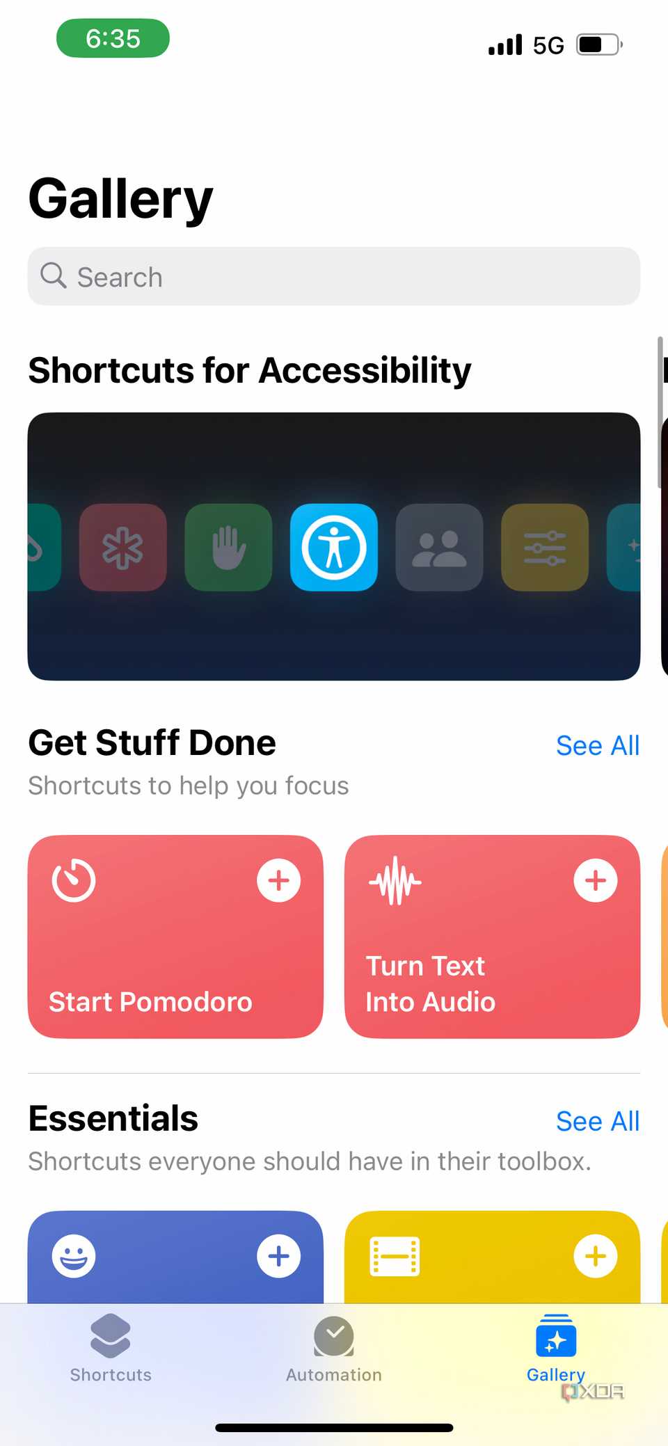 gallery tab showing list of essential shortcuts