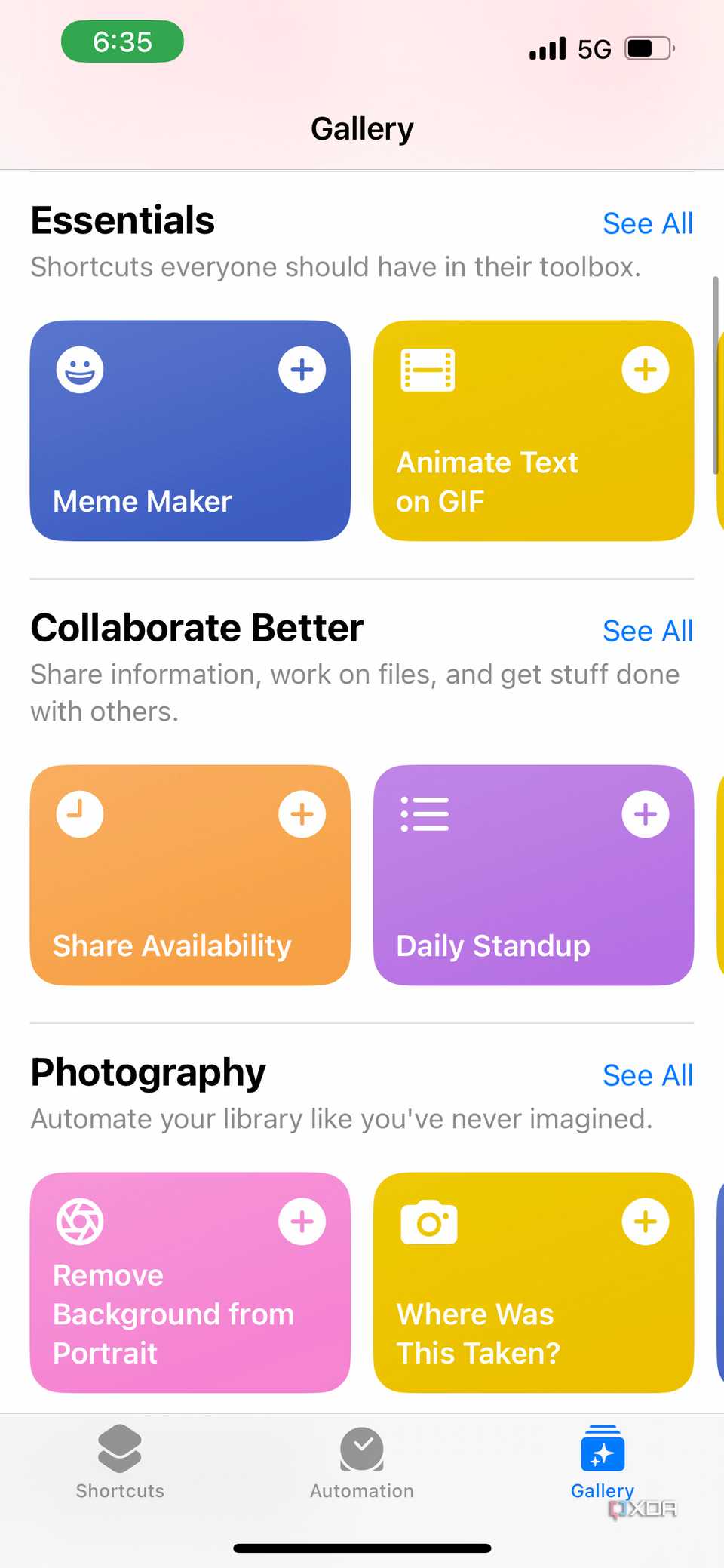 gallery tab showing list of photography shortcuts