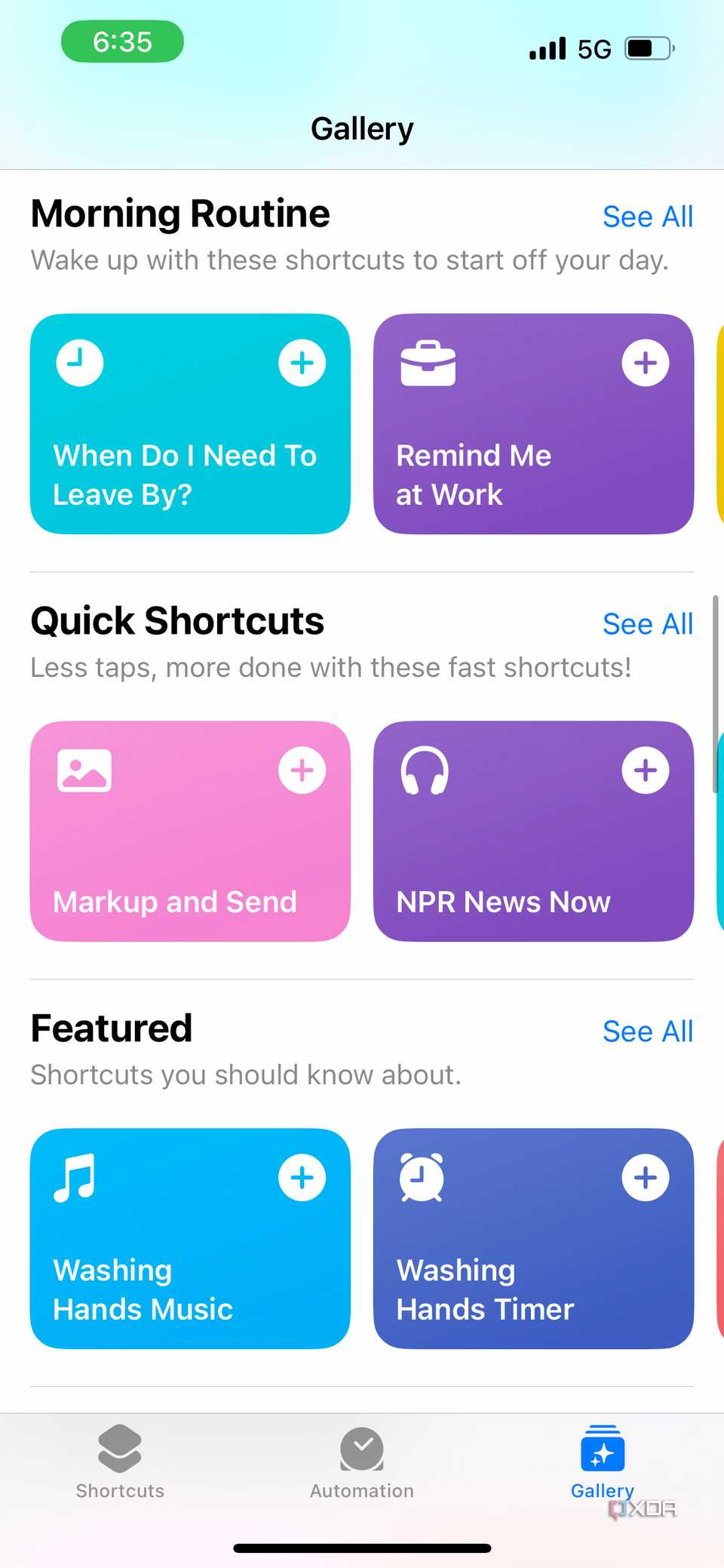 featured shortcuts in gallery tab 