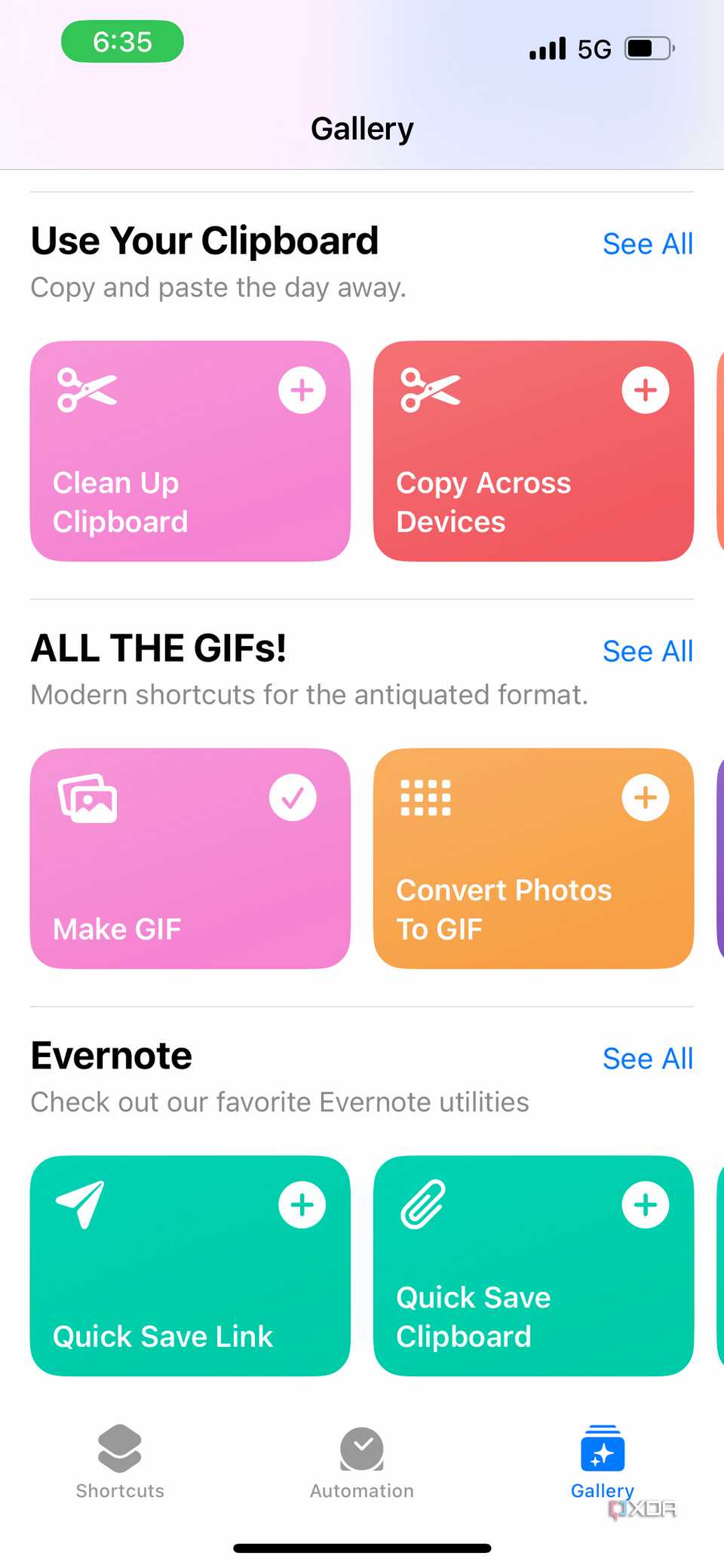 Evernote shortcuts in gallery tab 