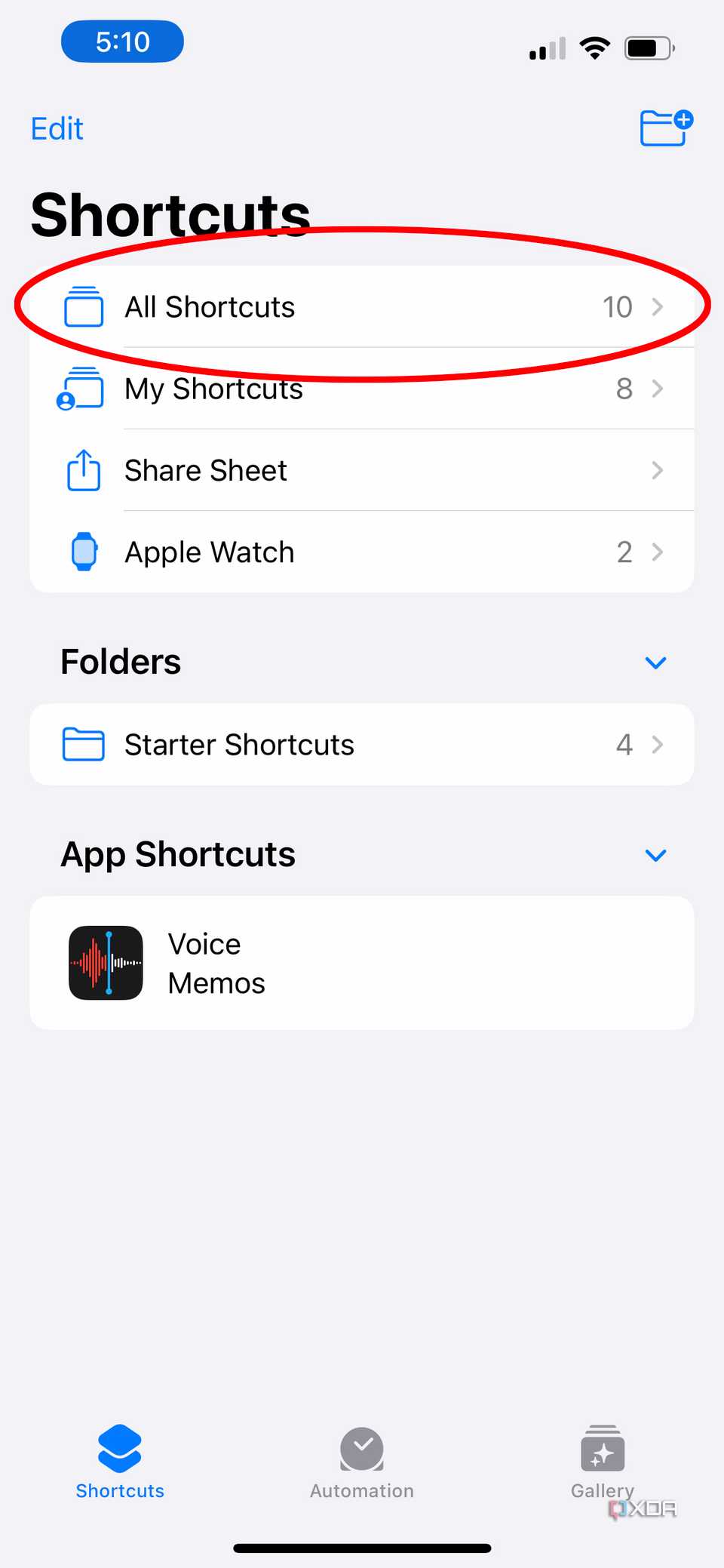 all shortcuts section in the shortcuts app