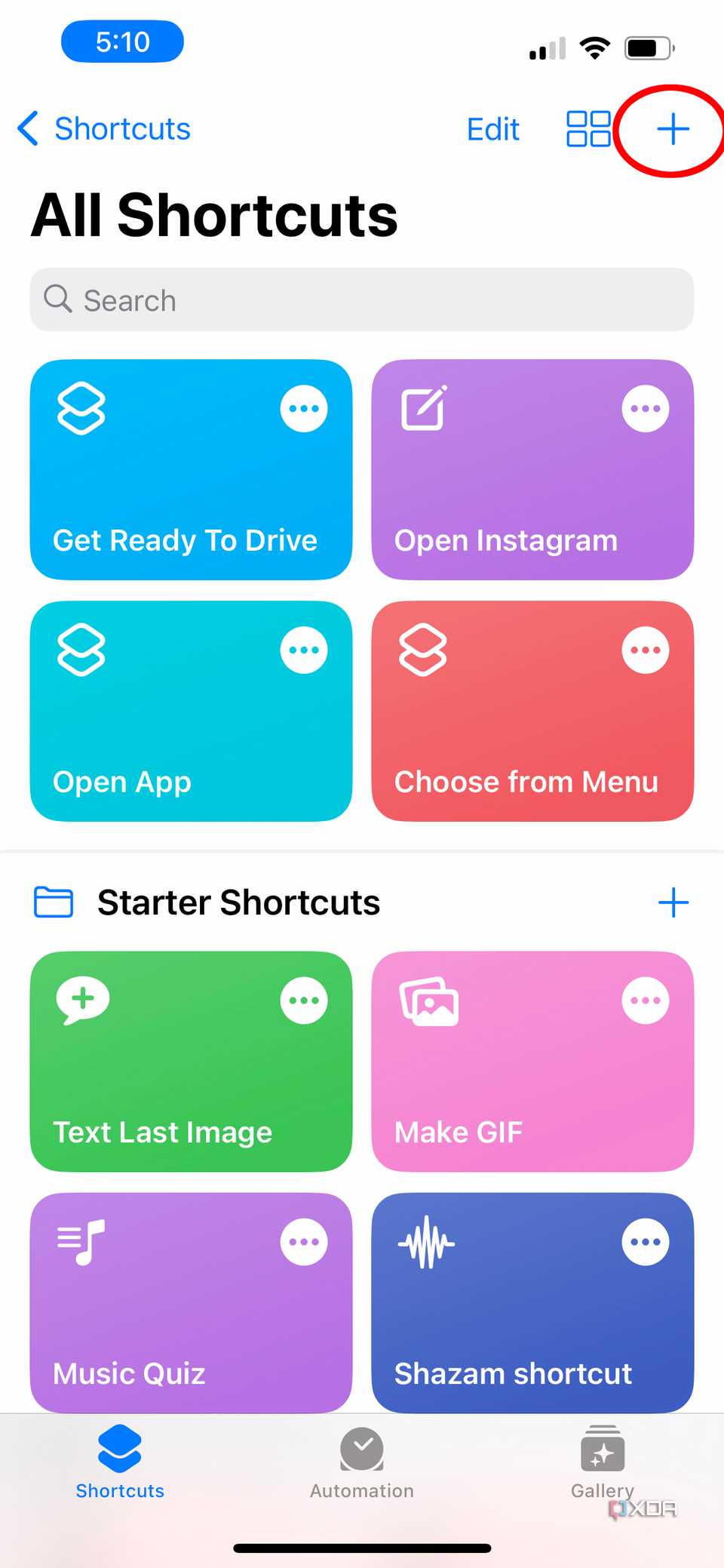 plus button in all shortcuts section