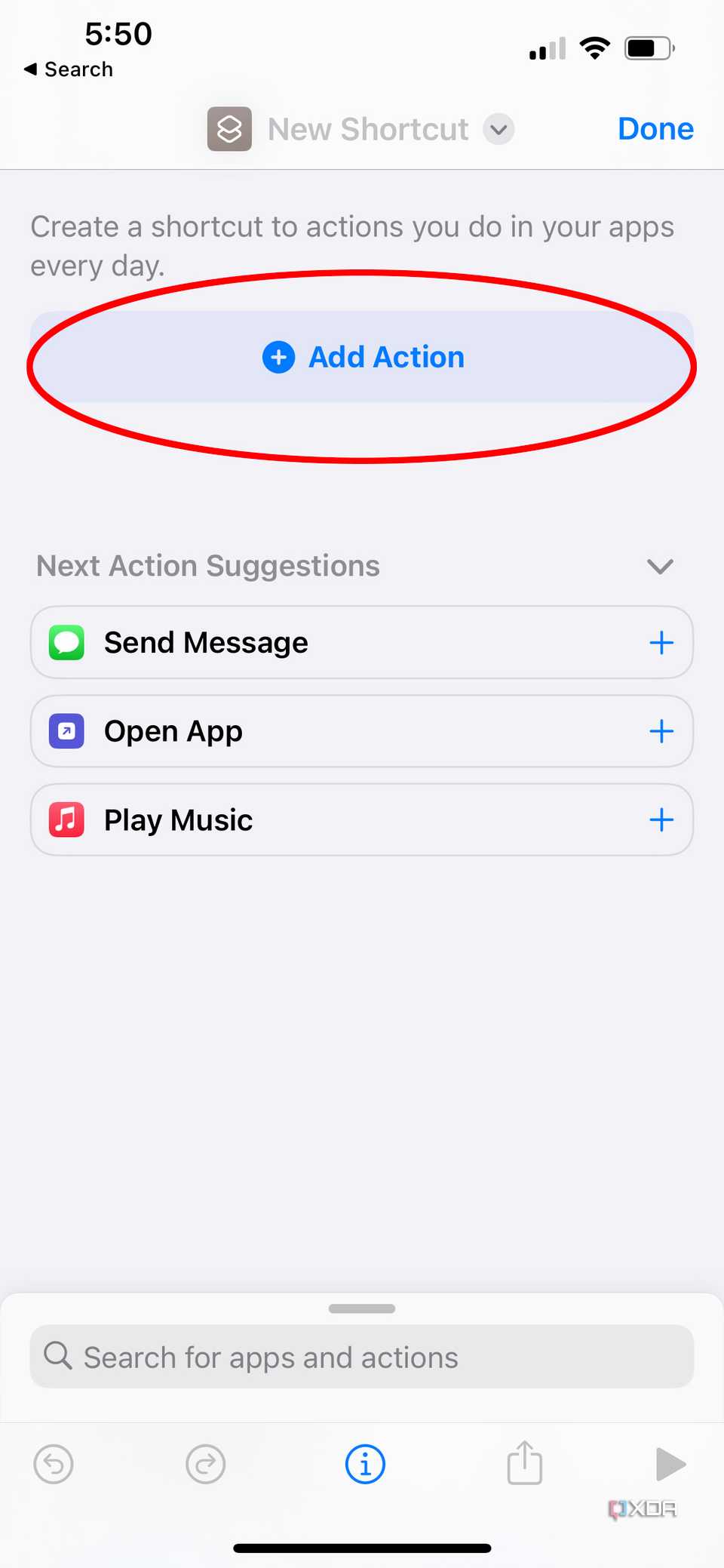 add action button in the new shortcut