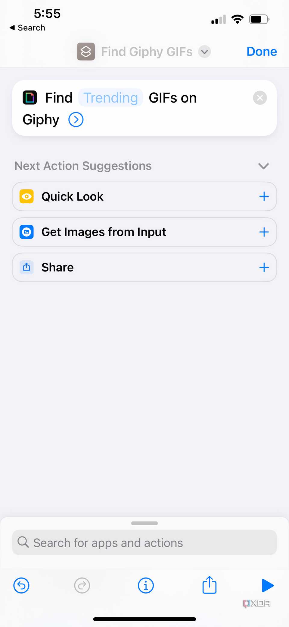 find trending gifs on giphy action added to shortcut