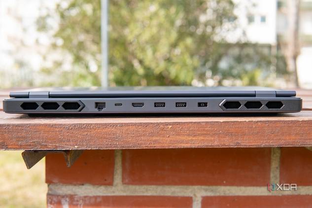 Rear view of the Lenovo Legion Pro 7i Gen 8 with the lid closed showing the ports on the back