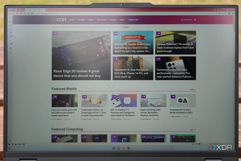Close-up view of the Lenovo Legion Pro 7i Gen 8 display with the XDA home page