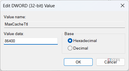 Screenshot of the editor for a DWORD Value with the Value data set to 86400