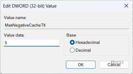 Screenshot of the value editor for MaxNegativeCacheTtl