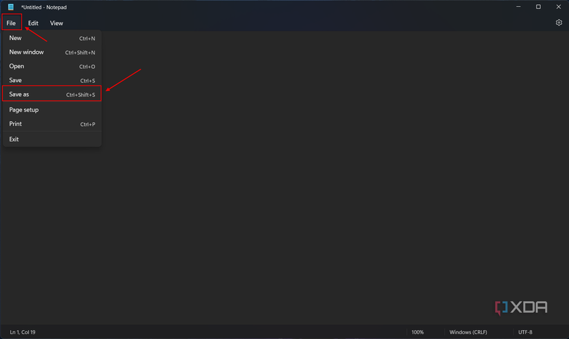 Screenshot of Notepad in Windows 11 with Save As option highlighted