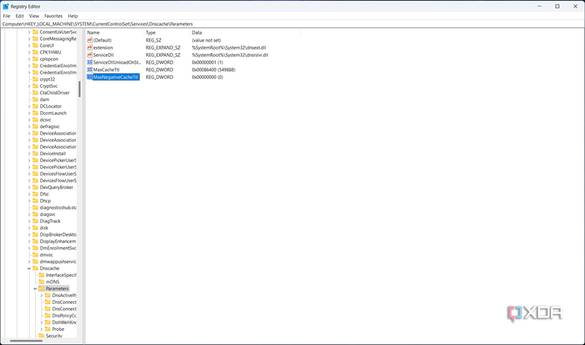 Screenshot of Registry Editor with MaxNegativeCacheTtl value