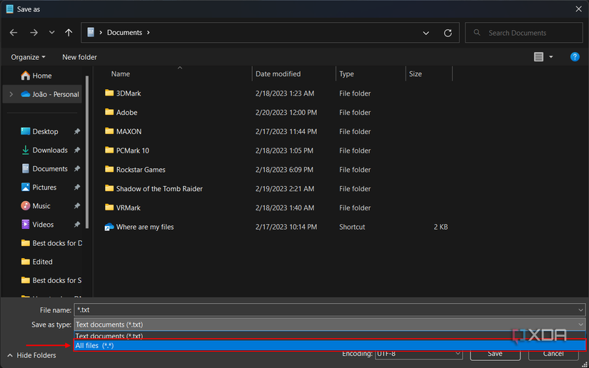 Screenshot of the Save as dialog in Windows 11 with the option to save a file as All types selected