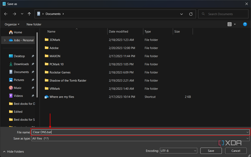 Screenshot of the Save as dialog in Windows 11 showing a file name ending with .bat