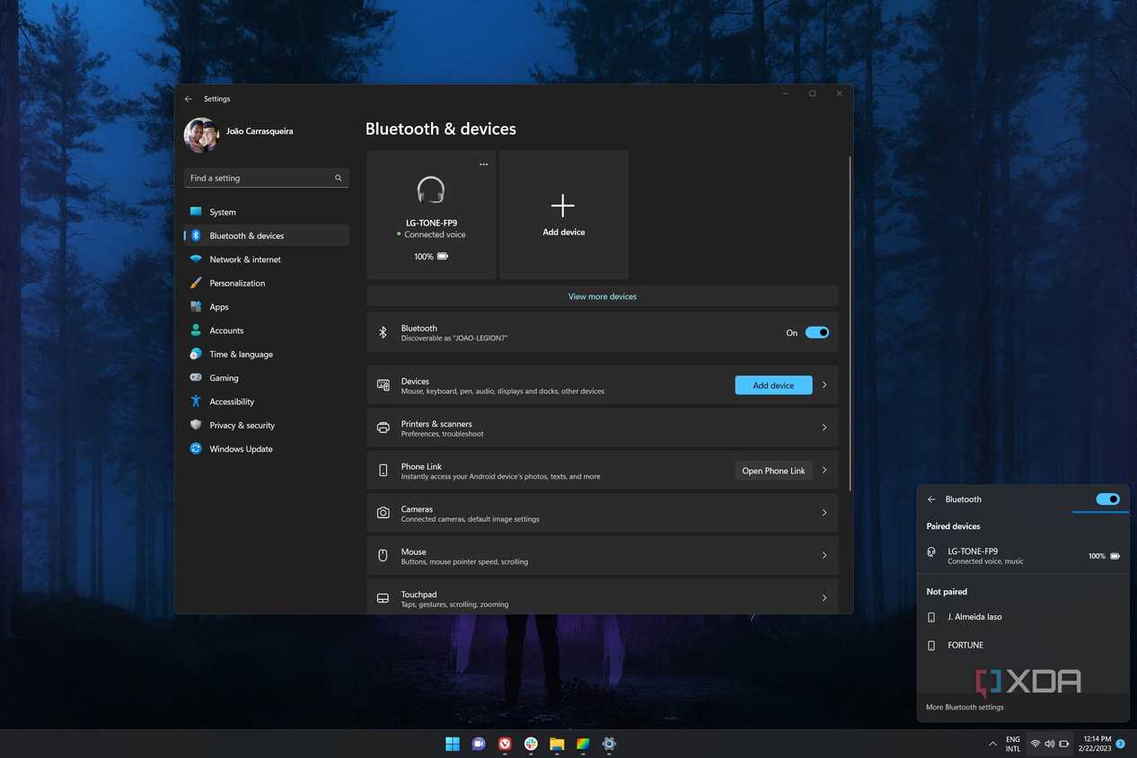 Screenshot of Bluetooth devices in the Windows 11 Settings app and Quick Settings panel