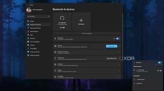 Screenshot of Bluetooth devices in the Windows 11 Settings app and Quick Settings panel