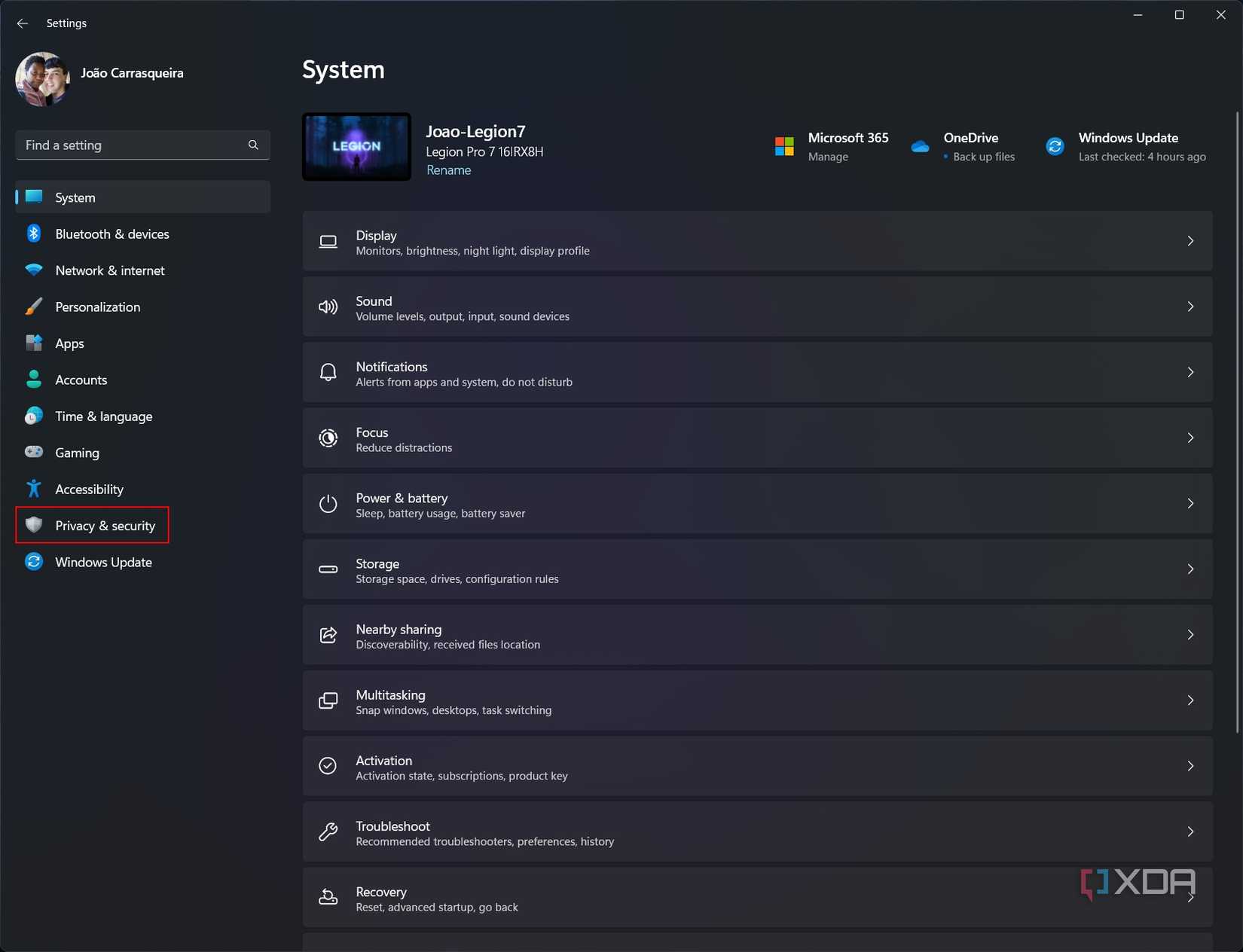 Screenshot of the Windows 11 Settings app with the Privacy and security section highlighted o the left side