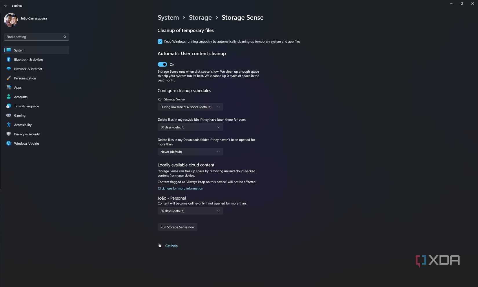 Screenshot of the Storage Sense options in the Windows 11 Settings app