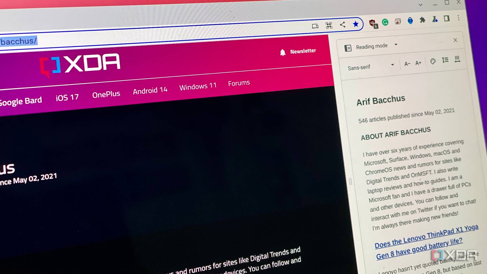 Reading mode showing on the XDA webpage in ChromeOS