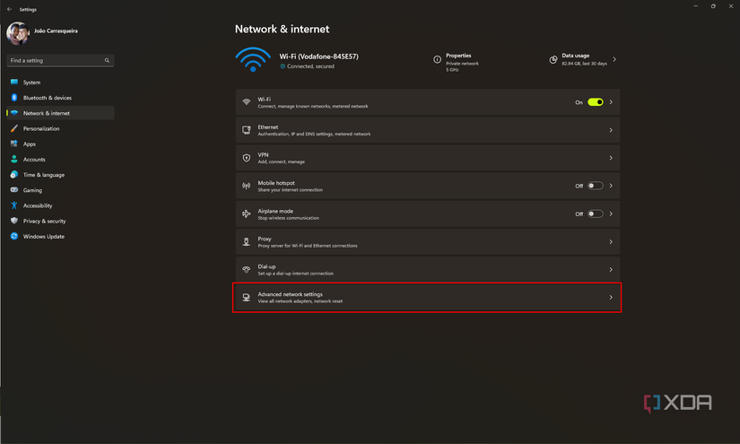 Screenshot of network and internet properties on Windows 11 with the Advanced network settings highlighted