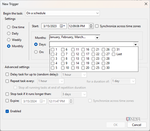 Screenshot of trigger settings when the trigger is set on a monthly schedule