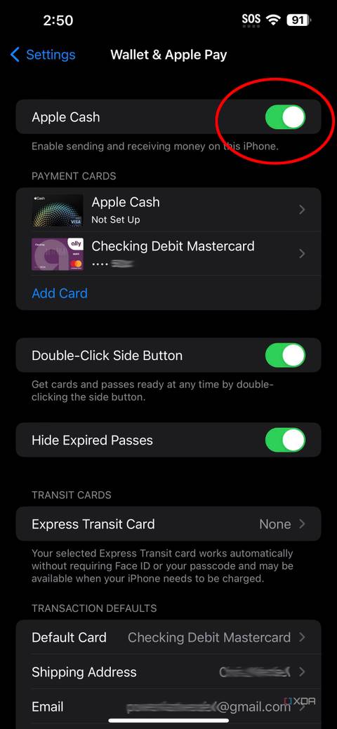 Apple Pay settings showing where to turn on Apple Cash.