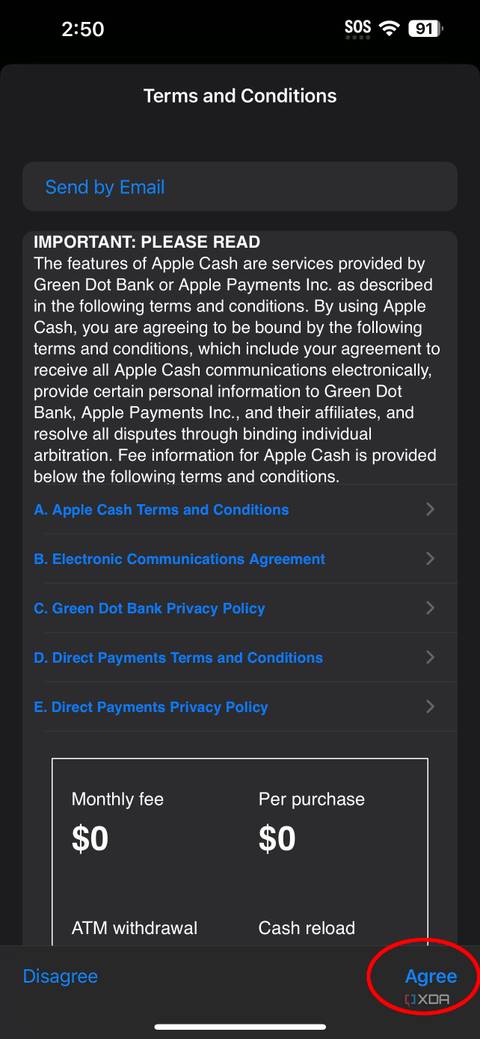 The terms and condition page for Apple Cash.