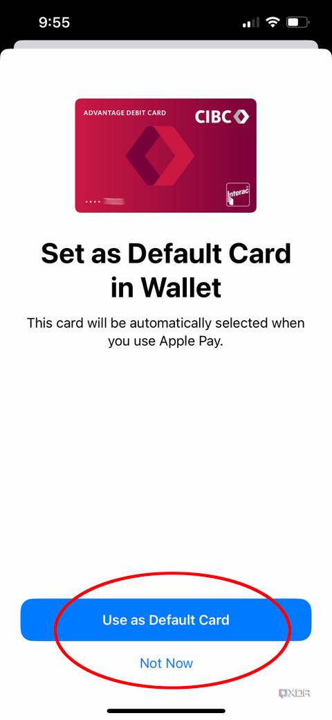 The page to set a new card as default in Apple Wallet.