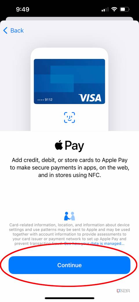 Apple Pay screen on Apple iPhone showing continue.