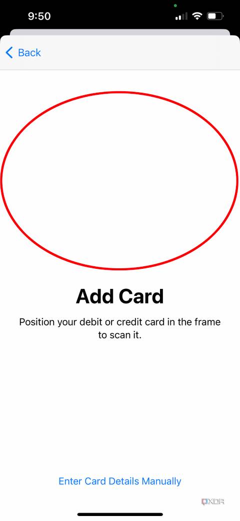 The Add Card screen in Apple Wallet showing where a card would be added.