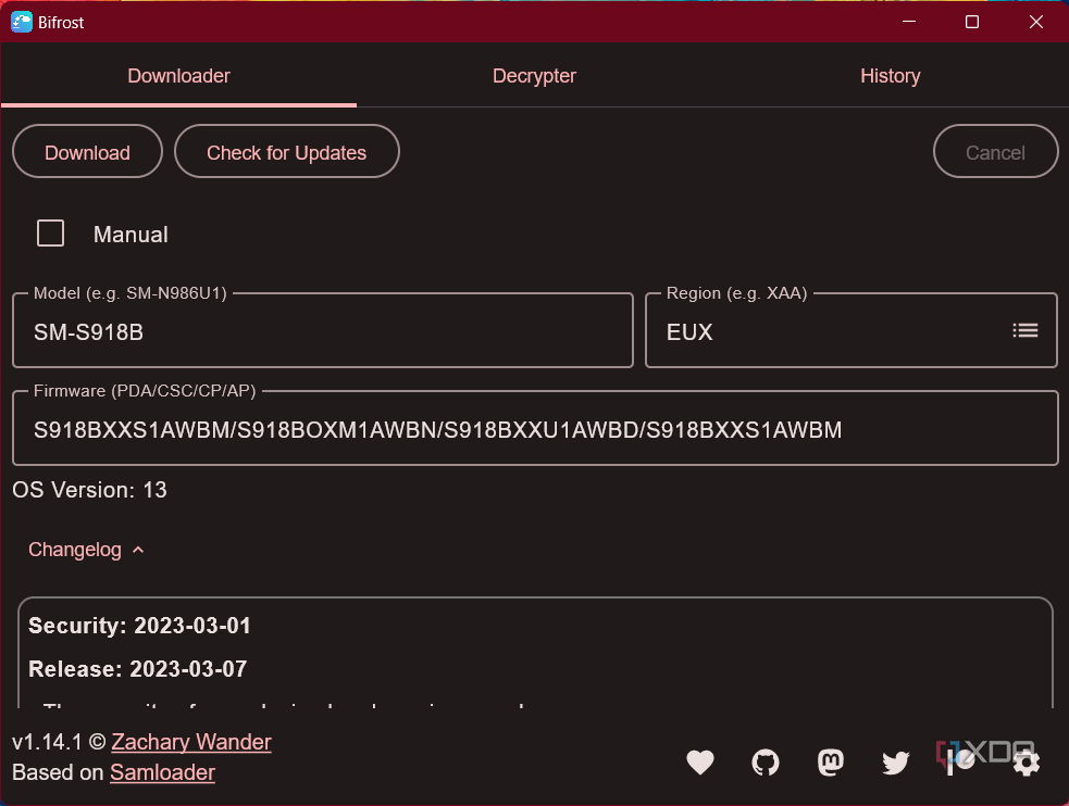 Bifrost Samsung Update Downloader downloading Galaxy S23 firmware 