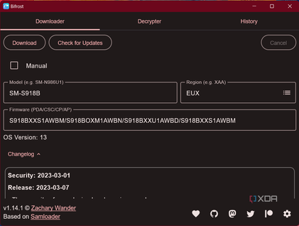 Bifrost Samsung Update Downloader downloading Galaxy S23 firmware