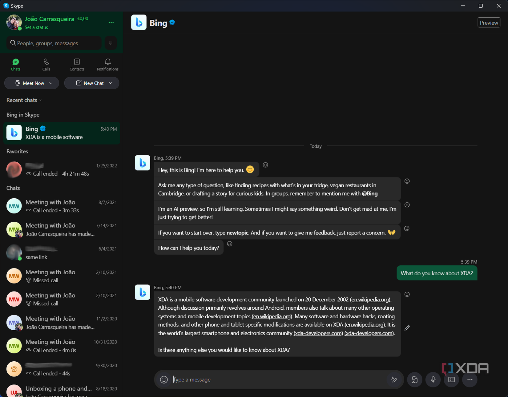 Screenshot of a Skype chat with Bing telling the user about XDA