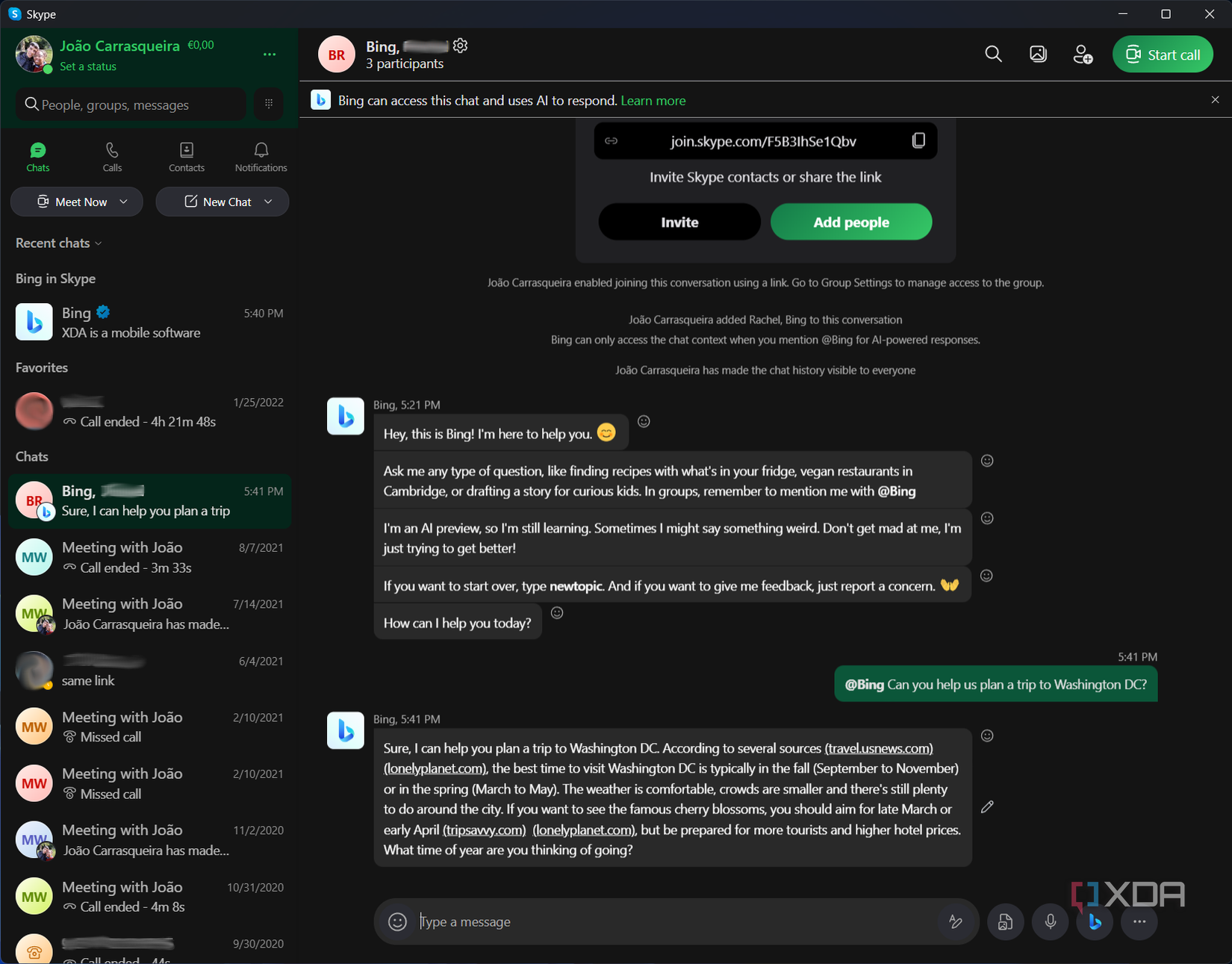 Screenshot of a Skype group chat with Bing helping other members plan a trip