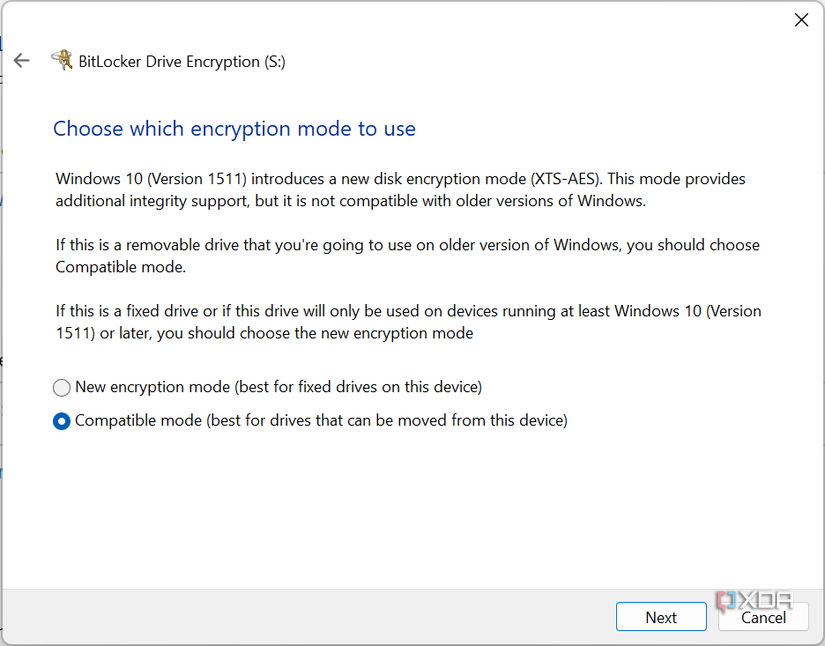 Screenshot of BitLocker encryption set to Compatible mode