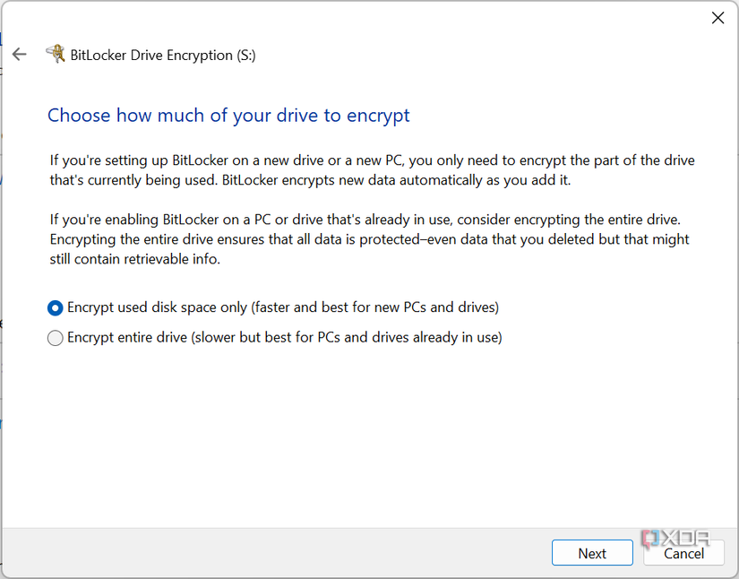 Screenshot of BitLocker set to only encrypt used disk space