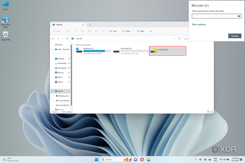 Screenshot of Windows 11 File Explorer and BitLocker asking the user for a password to access a drive