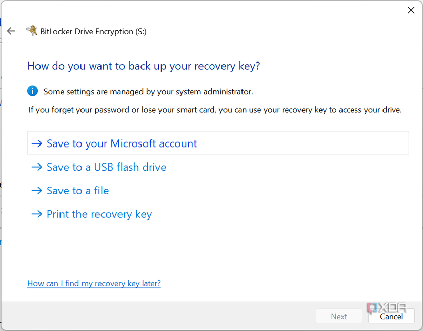 BitLocker recovery  key backup-1Screenshot of BitLocker giving the user the option to save a backup recovery key