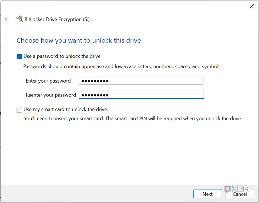 Screenshot of BitLocker drive encryption setup asking the user to set a password
