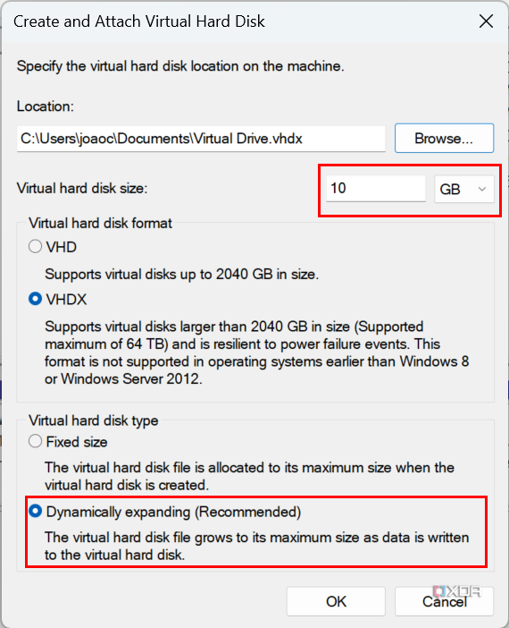 Screenshot of the Create VHD dialog with the size options highlighted