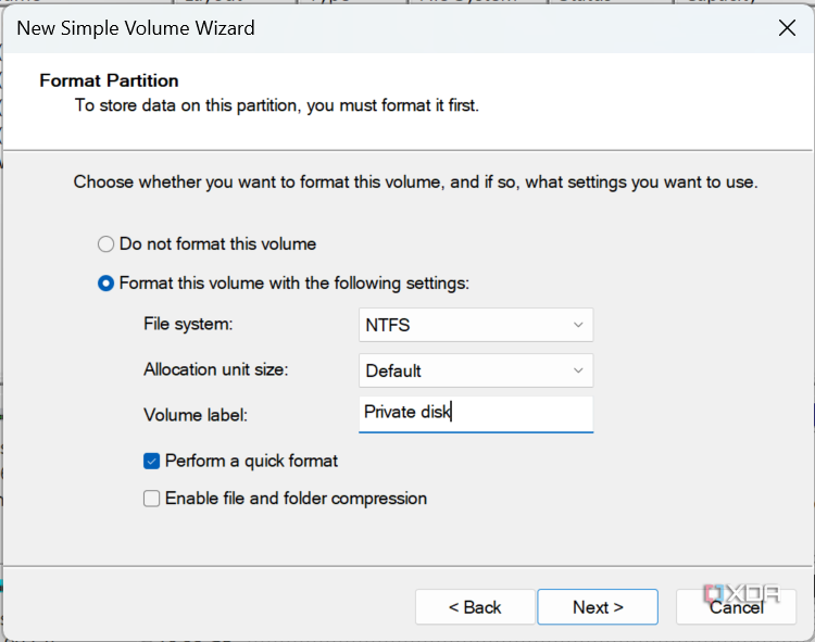 Screenshot of the New Volume Wizard showing a custom volume label